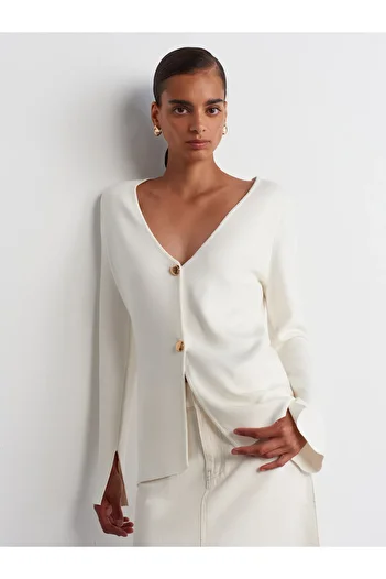 Dilvin 60250 V-Neck Ecru Knitwear Cardigan - Sleeve Slit and Button Detail