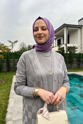 Rabia Şamlı Ζακέτα πλεκτή σε γκρι σχέδιο σκακιέρας