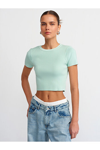 Dilvin 10357 Crew Neck Κοντό μανίκι Crop Πουλόβερ-μέντα
