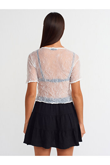Dilvin Model 10592 - Bluză tricotată șifonată, Transparentă - Albă