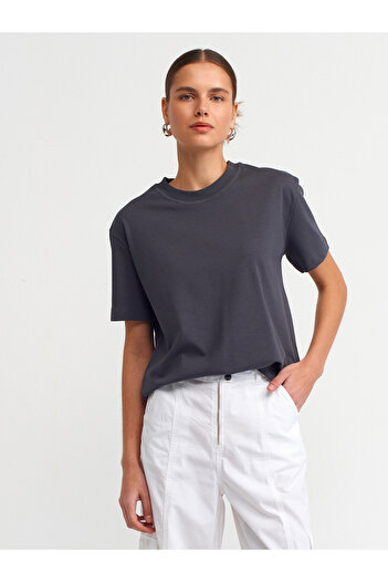 Dilvin 30312 Tricou cu guler rotund cu cusături decorative-antracit