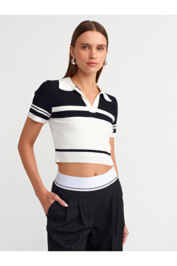 Dilvin 10591 Polo Collar Ecru-Black Striped Crop Sweater
