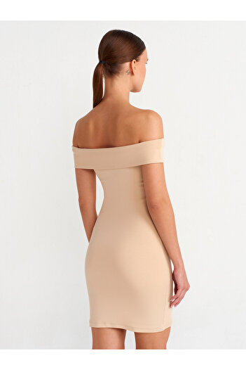 Dilvin 91102 Μίνι Φόρεμα Off Shoulder-Μπεζ ανοιχτό