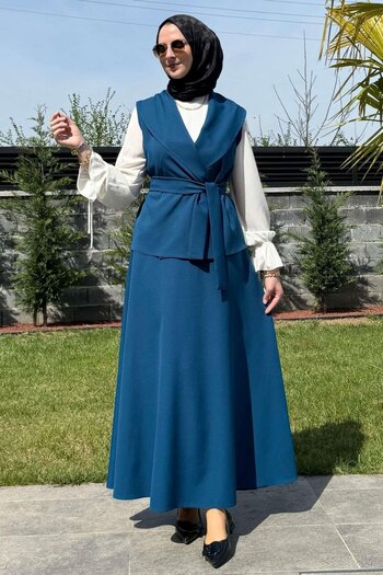 Rabia Şamlı Elegant Skirt Vest Set Petrol Blue