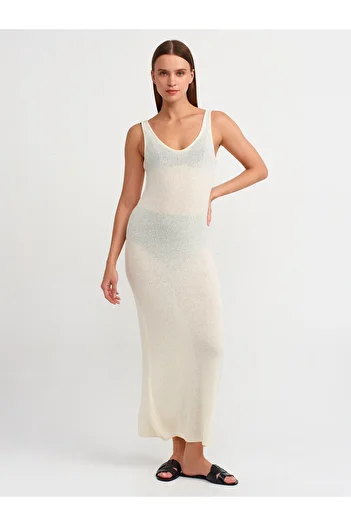 Dilvin 90220 Ecru Oval Collar Transparent Knitwear Dress