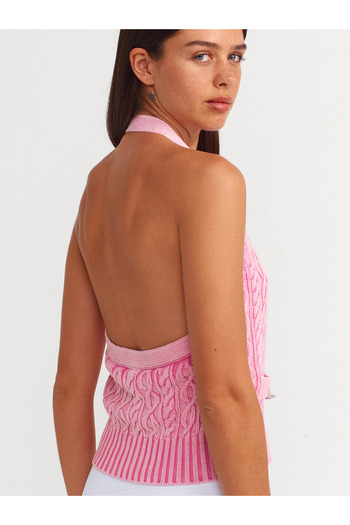 Dilvin 60234 Pink Knitwear Vest - Halter Collar and Button Detail