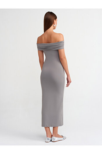 Dilvin 91109 Off-The-Shoulder Midi Dress-Gray