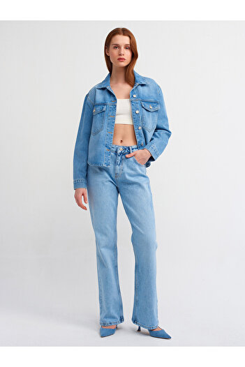 Dilvin 71463 Pantaloni evazați din denim cu talie joasă-albastru
