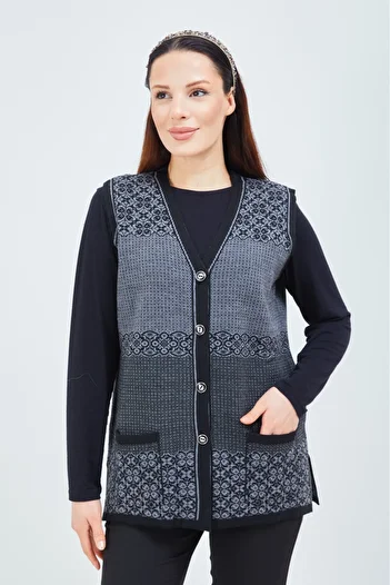 Elçelya Moda Women's Short Black Gray Patterned Knitwear Buttoned Pocket Winter Mother Vest