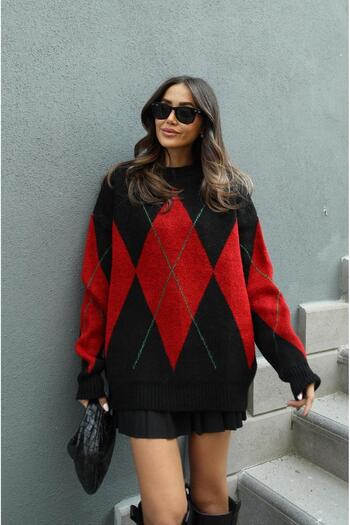 Havoş Black Red Diamond Patterned Sweater