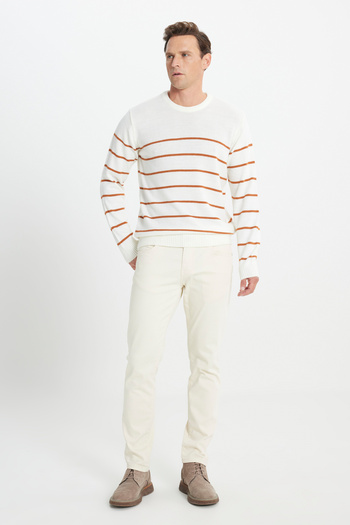 AC&Co / Altınyıldız Classics Men's Ecru-caramel Standard Fit Regular Cut Crew Neck Striped Knitwear Sweater