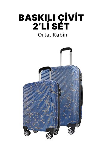 Wexta Wx-300 Baskılı Çivit Orta ve Kabin 2'li Set Valiz