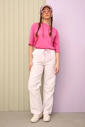 ALLDAY White Parachute Fabric Pleated Detailed Gathered Leg Trousers