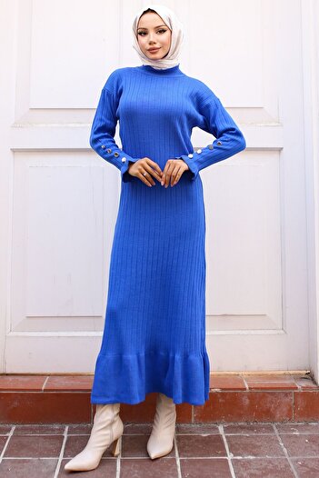 benguen 23009 Saks Blue Ruffle Πλεκτό Φόρεμα