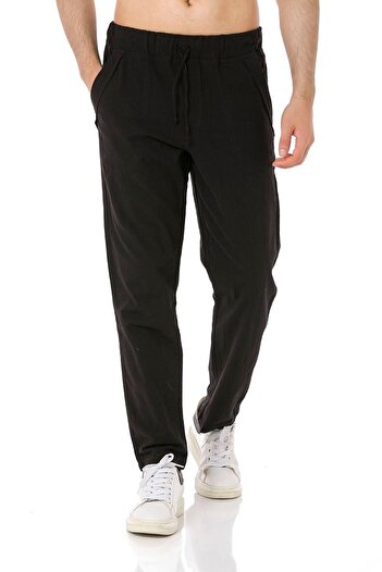 Yakamoz Tekstil Men's Linen Trousers Straight Leg Black