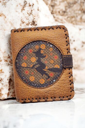 Fildişi Aksesuar Mustard Colored Vegan Leather Women's Wallet - Handmade with Cute Witch Image