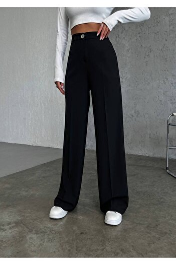owwon Black High Waist Metal Buttoned Women's Palazzo Trousers