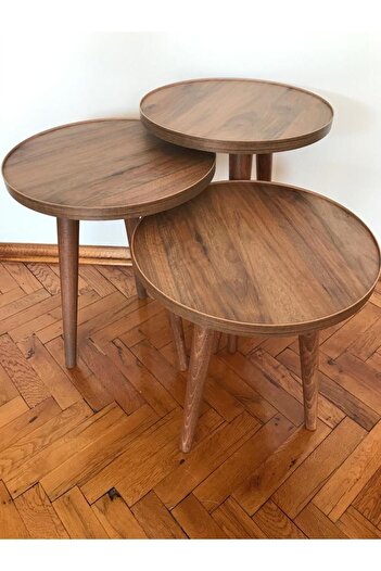 damila 3'lü Zigon Sehpa Ceviz 18mm Kalınlığında 1.sınıf Mdf Tabla 37cm Çapında Kullanıma Hazır (MONTAJLI)