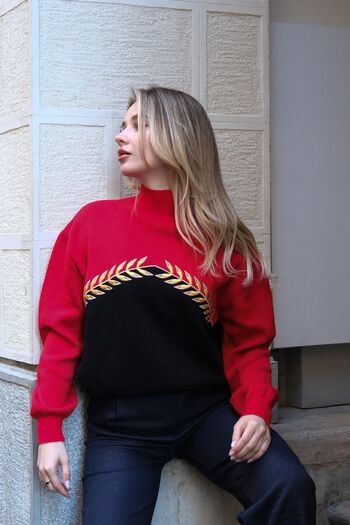 MY BELLA BUTİK Embroidered Red Black Half Turtleneck Sweater