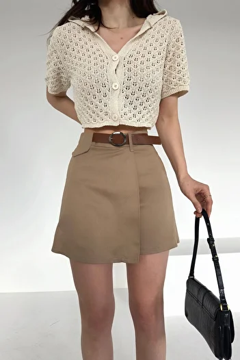 bacc Mink Gabardine Shorts Skirt - Belted and Front Cover Detail, Bcdf-247709
