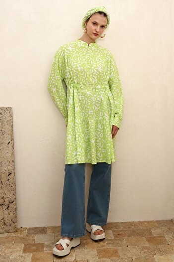 ALLDAY Green-white High Collar Waist Gather Detailed Patterned Tunic