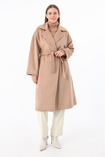 ALLDAY Dark Beige Double Breasted Collar Belted Stash Coat