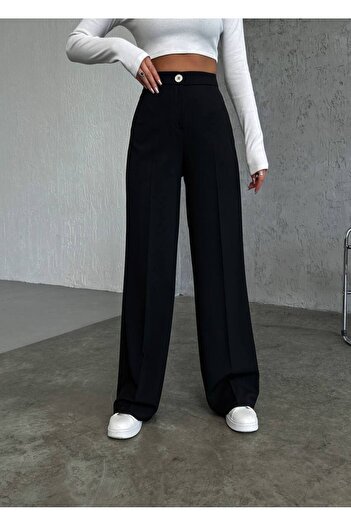 owwon Black High Waist Metal Buttoned Women's Palazzo Trousers