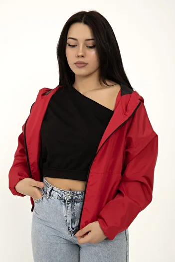 Royalside Women's Red Hooded Waterproof and Windproof Oversize Raincoat with Pockets