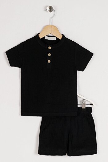 zepkids Crew Neck Short Sleeve Crew Neck Button Detailed Short Sleeve Black Color Boy's Shorts Set