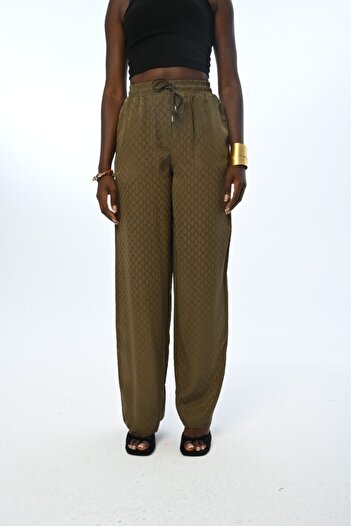 Orfeo Negro Women's - Elastic Waist, Wide Leg and Khaki Color Patterned Trousers