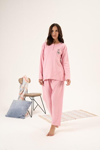 Estiva Butterfly Embroidered Women's Winter Pajama Set - Buttoned Collar