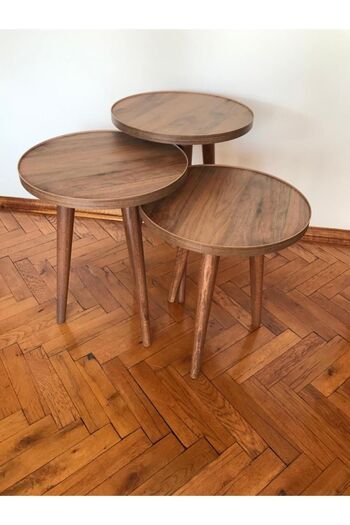 damila 3'lü Zigon Sehpa Ceviz 18mm Kalınlığında 1.sınıf Mdf Tabla 37cm Çapında Kullanıma Hazır (MONTAJLI)