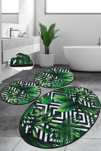 Chilai Home Set de baie Tropic din 3 piese: covor, bază anti-alunecare, scaun de toaletă lavabil