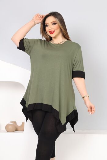 HÜLYA BUTİK Women's Large Size Khaki Green Skirted Black Striped Asymmetric Blouse