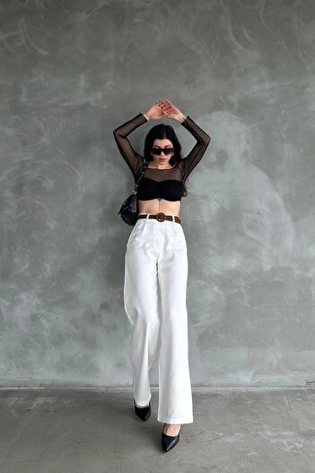 bacc Women's White Belted Casual Pants Bcdf- 241103