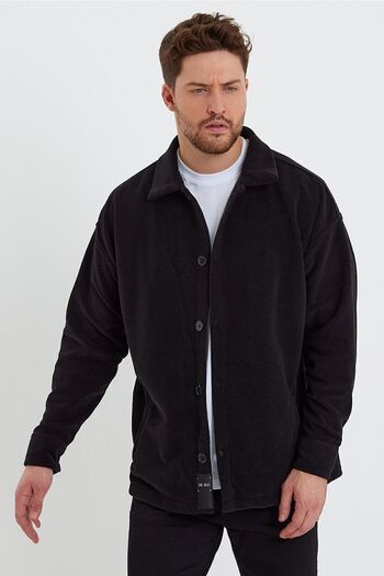 THE RULE Ανδρική ζακέτα Oversize Μαύρη Fleece - Αντιπηκτική, Ψυχρή, Γιακάς Πουκάμισου RF0312