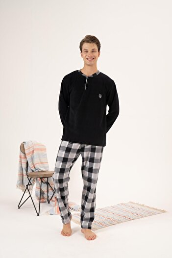 Estiva Men's Winter Fleece Pajama Set - Buttoned Collar, Checkered Bottom