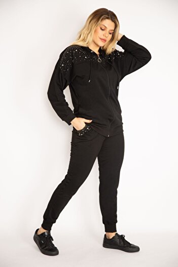 Şans Women's Large Size Black Front Zipper Stone Detailed Hooded Sweatshirt Trousers Set 65n28091