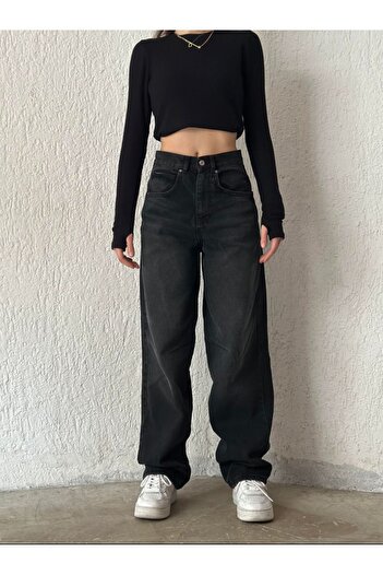 LAMİRAMOOD Sim Siyah Toka Detaylı Bol Kesim Geniş Paça Rahat Baggy Jean Kot Salaş Kadın Pantolon Balon