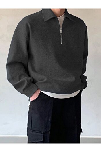 GENIUS STORE Erkek Polo Yaka Oversize Sweatshirt Yarım Fermuar Sweatshirt Oversıze-sweatshırt