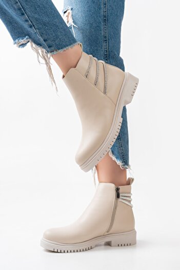 ELMANDO Cream Stone Striped Side Stone Detailed Zippered Leather Look Seasonal Classic Women's Short Boots Bootie