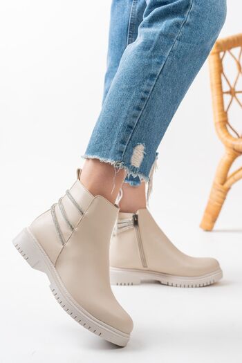 ELMANDO Cream Stone Striped Side Stone Detailed Zippered Leather Look Seasonal Classic Women's Short Boots Bootie