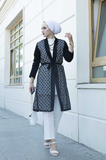 EBRUTESETTÜR Λεπτομερής πουά τούλι Abaya 350TH-8007 Μαύρο
