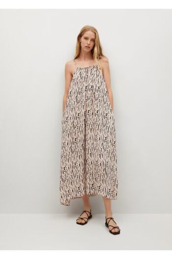 MANGO Woman Gemustertes Ecru-Midikleid für Damen