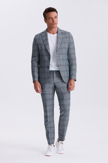 Jakamen Navy Blue Slim Fit Mono Collar Checked 100% Linen Suit with Bag Pocket