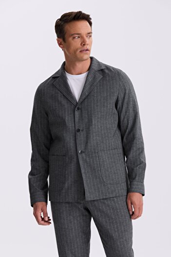 Jakamen Anthracite Slim Fit Apache Collar Linen Blended Double Slit Striped Suit