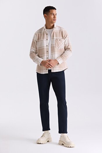 Jakamen Beige Slim Fit Collar Buttoned Plaid Shirt
