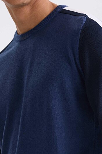 Jakamen Mavi Slim Fit Şerit Detaylı Bisiklet Yaka Triko Kazak