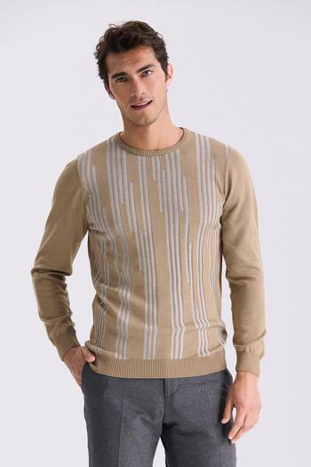 Jakamen Beige Slim Fit Crew Neck Patterned Knitwear Sweater