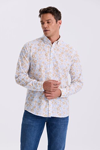 Jakamen Blue Floral Patterned Collar Buttoned Comfort Fit Shirt